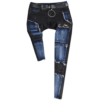 

Mid Waist dark Blue Patchwork Skinny Tights Women Pencil Jeans High Stretch Push Up Denim Women Fashion Jeans