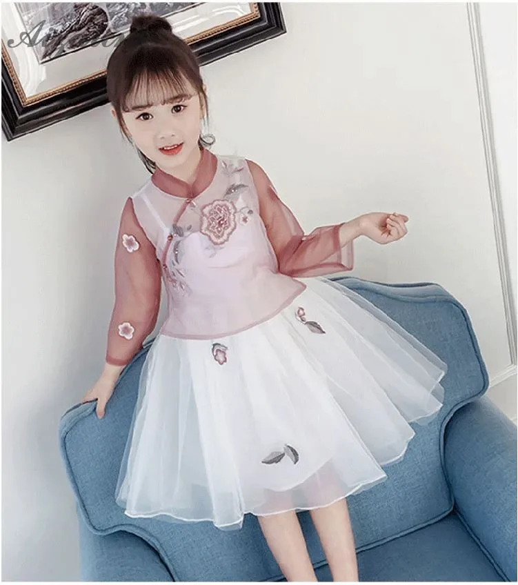Темно-зеленые детские платья Cheongsam в ориентельском стиле из двух предметов детское традиционное китайское платье Qipao юбка принцессы из пряжи
