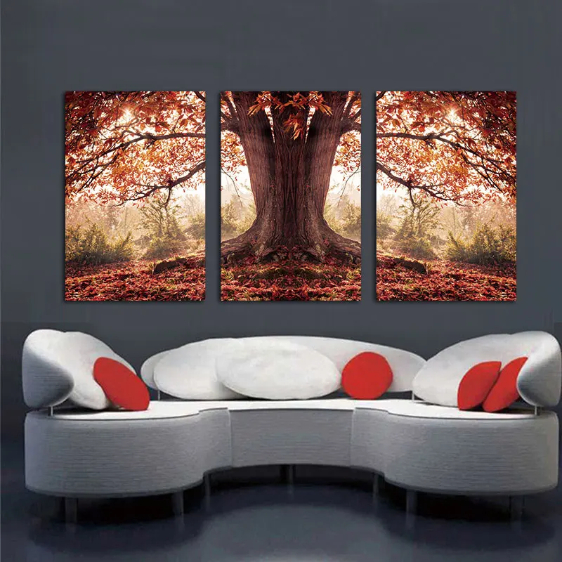 3 Panel Red Autumnal Leaves Home Decorative Canvas Painting Living Room Wall Art Picture Paint On With (No Framed) | Дом и сад