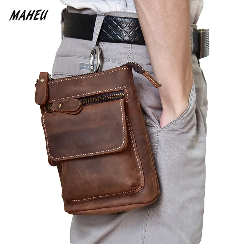 

Crazy Horse Leather Men's Waist Bag for Unisex Double Layer Waist Pack Phone Red Women Men Genuine Leather Mini Crossbody Bags