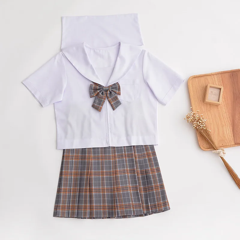 UPHYD высокое качество школьная форма костюмы для косплея хлопковая рубашка+ клетчатая юбка - Цвет: Оранжевый