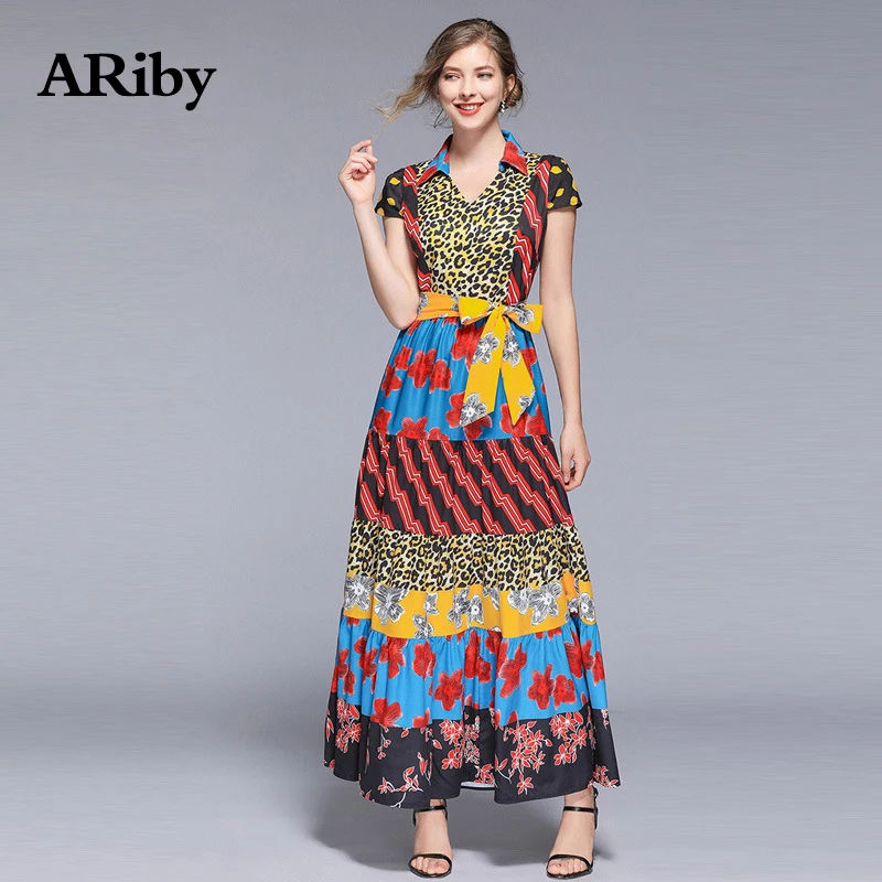 Women Dress Maxi Party Summer Long Dress 2019 New Lady Indie Folk Leopard Print Patchwork V-neck Sashes Slim A-Line Dress Gothic