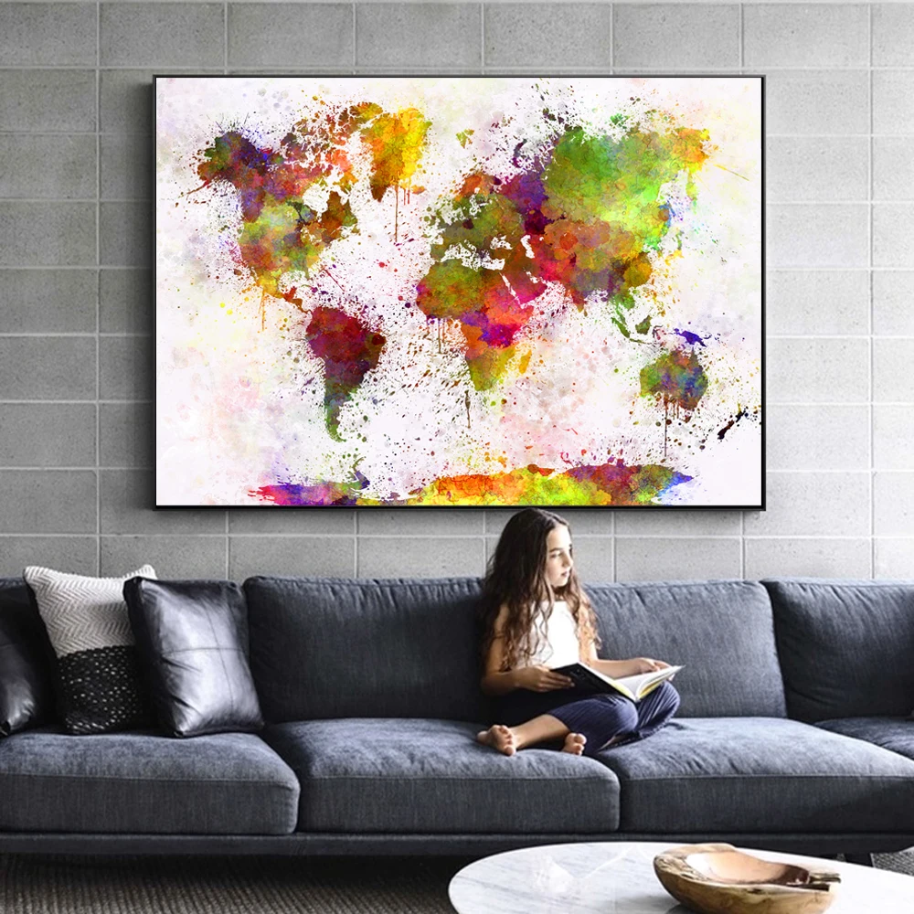 

Watercolor World Map Posters Modern Wall Graffiti Pop Art Canvas Paintings On The Wall Abstract Map Pictures For Living Room