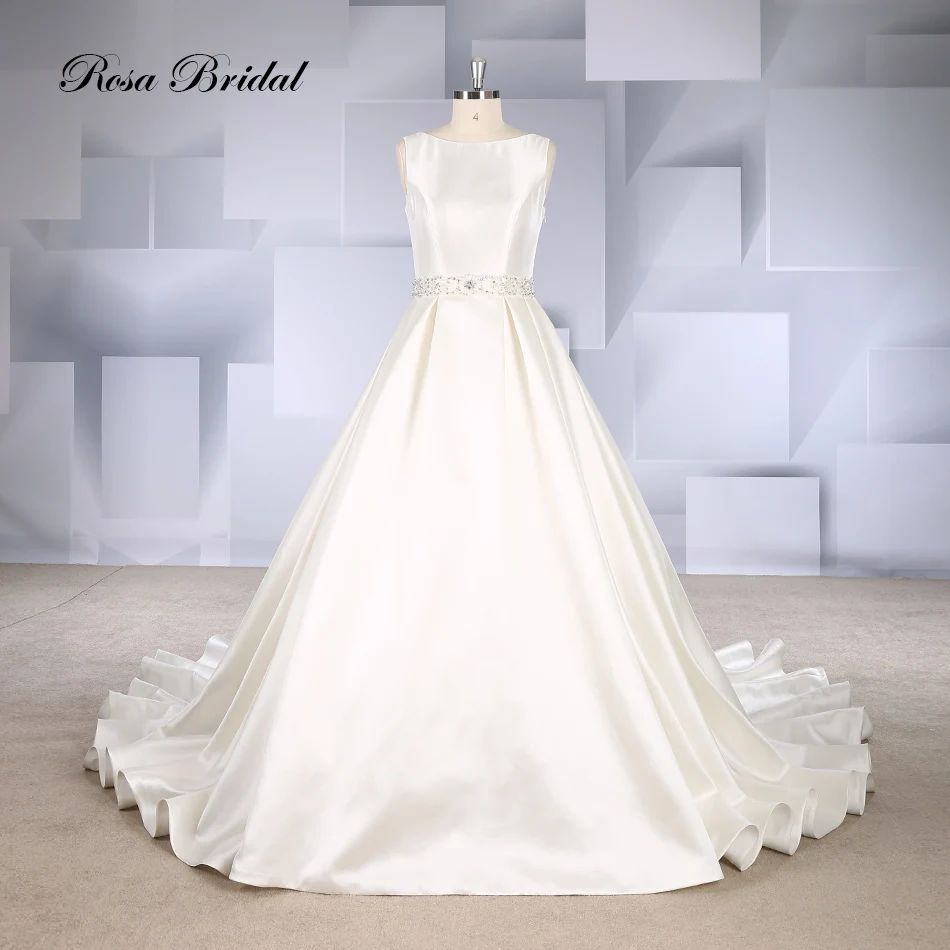 

Rosabridal Wedding Dress Simple Modern Satin Hand Made Beading On Waist Crystal Beading On Nude Tulle Back