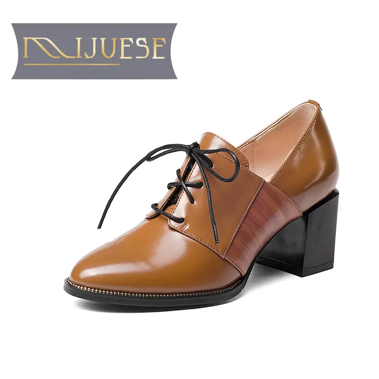 

MLJUESE 2018 women pumps Genuine leather lace up black color zapatos-mujer autumn spring high heels women size 34-43