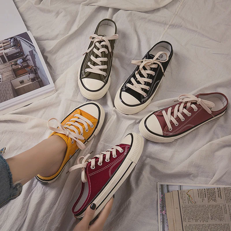 

2019 Summer New Yellow Canvas Shoes Women's Singles Flat Students Wild Lazy Half Slippers Off White Shoes