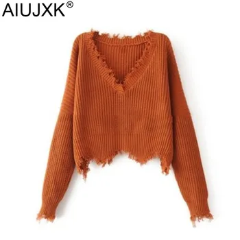 

AIUJXK Autumn 2019 Fashion V Neck Tassel Sweaters For Female Long Sleeve Pullover Black White Knitted Sweater Ladies Jumper Tops