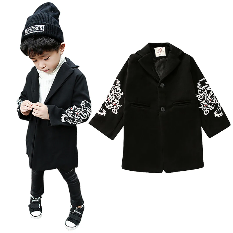 

Spring Winter warm baby coat boys wool coat kids outwear children clothes totem embroidery single breasted 2 to 9 yrs