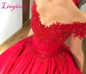 Modest Off Shoulder Red Ball Gown Prom Dresses Appliques Beaded Satin Corset Lace Up Evening Dresses Custom Sweet 16 Dresses Modest Off Shoulder Red Ball Gown Prom Dresses Appliques Beaded Satin Corset Lace Up Evening Dresses Custom Sweet 16 Dresses
