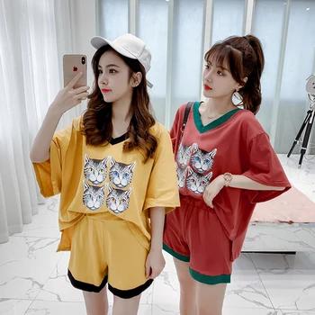 

Summer Kawaii Cartoon Batwing Sleeve Tops Women V-neck Mori Girl Elastic Waist Two Piece Set Loose Preppy Style 2 Piece Sets