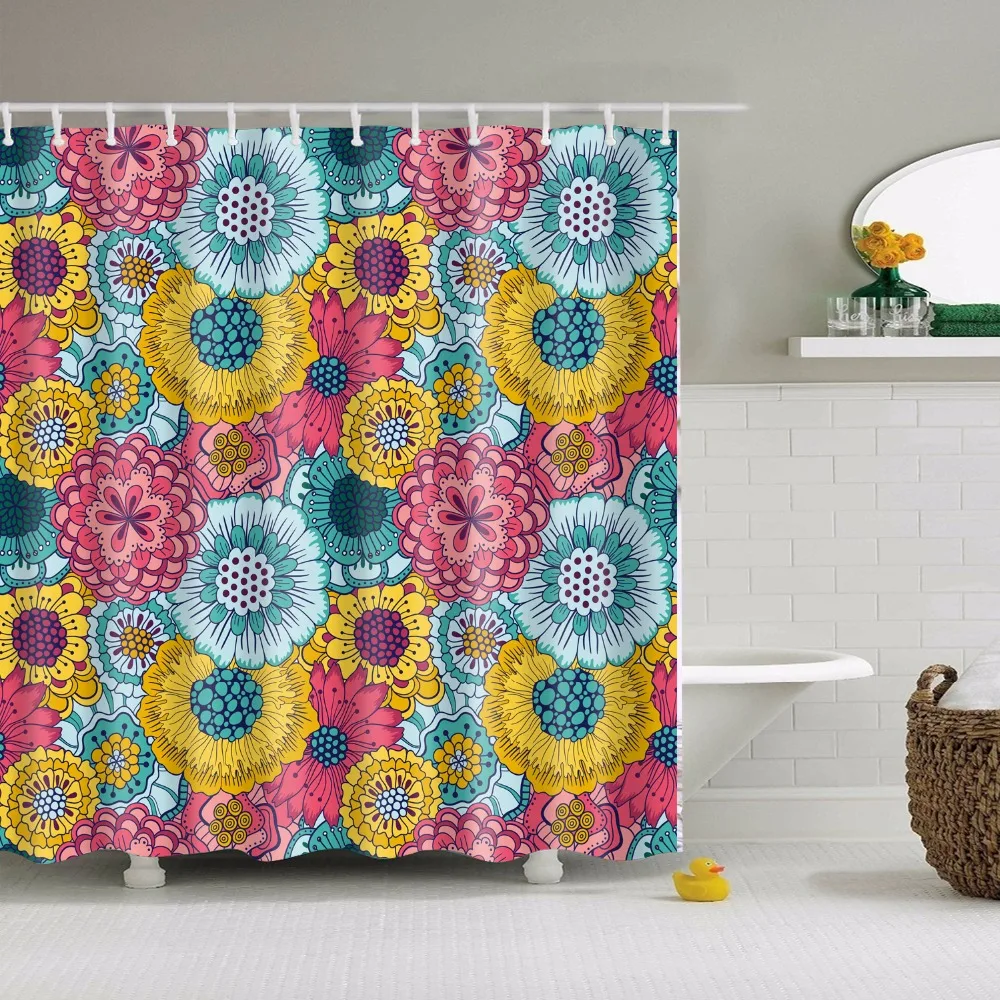 Занавески для душа с геометрическим цветочным принтом и каменными цветами, водостойкие занавески из полиэстера для ванной комнаты с крючками 180x180 см