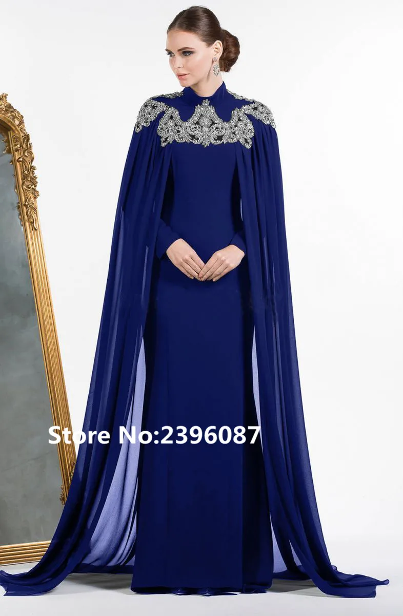 Шифоновое платье-кафтан с высоким воротом, Королевский синий цвет, с накидкой, украшенное кристаллами, Дубай, мусульманское вечернее платье, длинное платье для выпускного вечера, robe de soiree