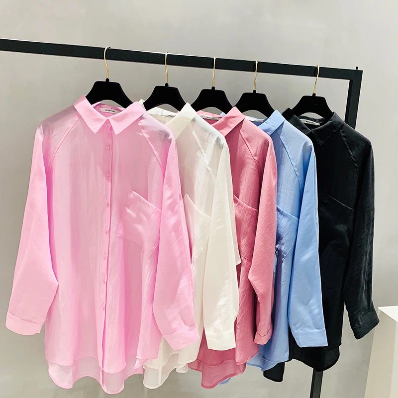 Blusas блузка, женские рубашки весна лето, отложной воротник, шифон, однотонный рукав «летучая мышь», длинный однобортный