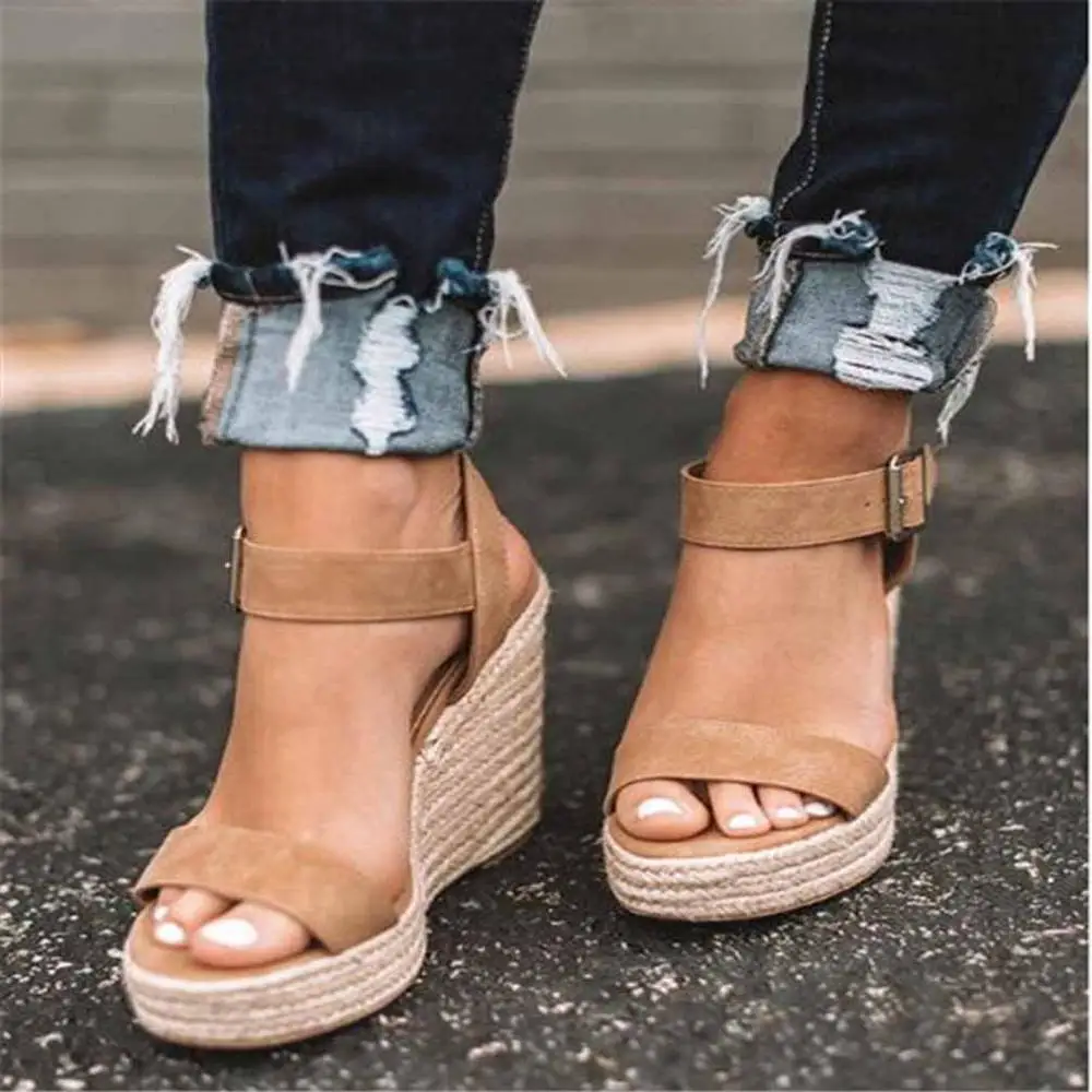 

2019 Summer Ultra High Wedges Heel Sandals Fashion Open Toe Platform Elevator Women Sandals Plus Size Pumps Ankle Strap Shoes