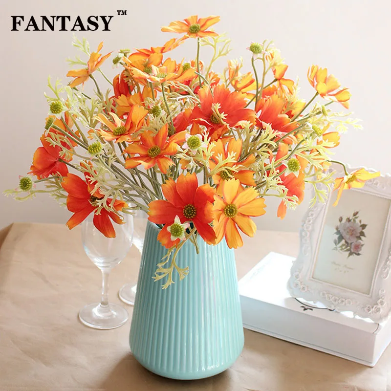 

FANTASY 3 Fork Cosmos Fake Flower Artificial Floral Bouquet 3Heads Silk Faux Flowers Handmade Plant for Garden Indoor Decoration