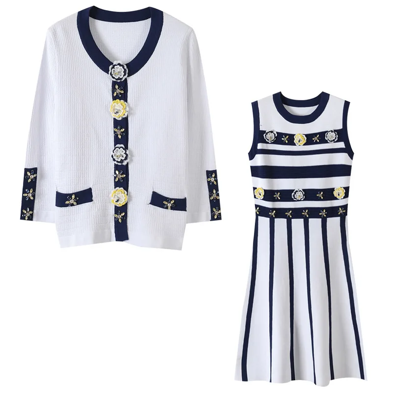 

2 Piece Set Women Suit Knitted Flowers Beading Suit Striped Sets Dress Cardigans Twinset Runway Deisgn Outfit Spring Sweet Sets
