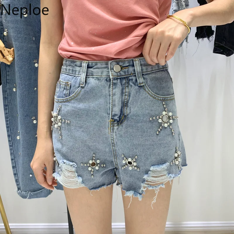 Neploe/женские шорты с завышенной талией украшенные бисером лето 2019 новые Рваные
