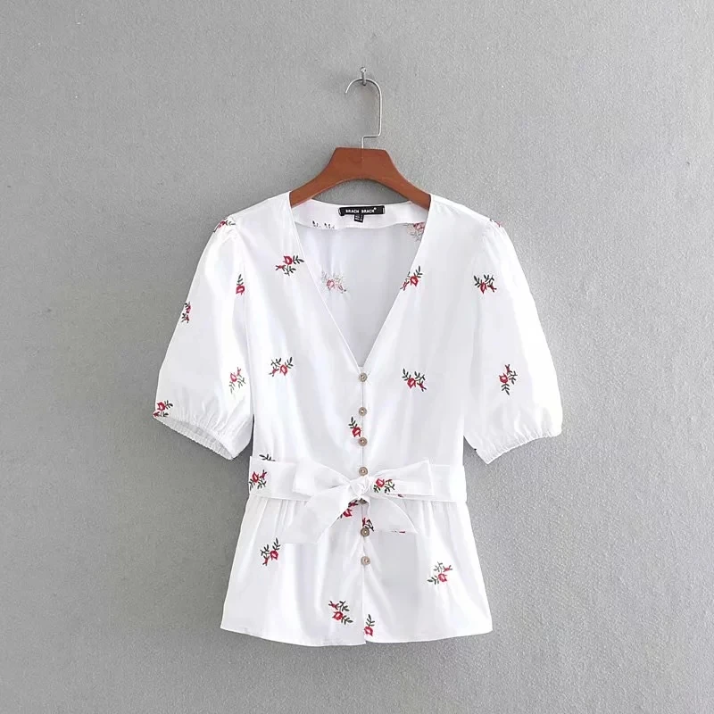 

flower embroidery v neck sashes women shirt casual lantern sleeve blouse loose tops fashion femininas blusas camisa LS1526