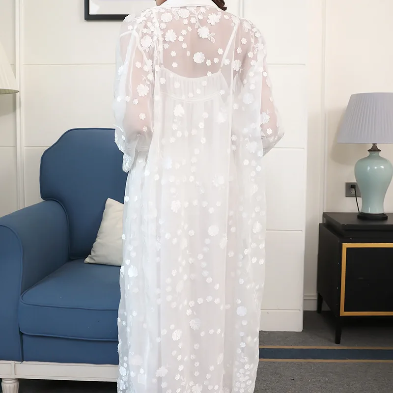 Весенний женский длинный халат красивая принцесса Сексуальная белая ночная рубашка Летний Тонкий комплект из двух предметов