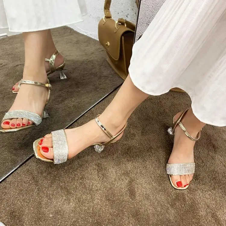 

Luxury Crystal Embellishments One Buckle Gold Silver Women Sandals Peep Toe Ankle Buckle Ladies Shoes Clear Heels Sandalias