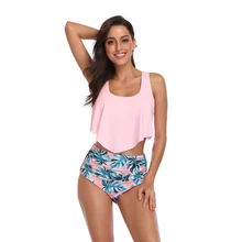 品質ハイウエストビキニ女性プリントプッシュアップ水着 S-3XL プラスサイズ水着の女性の水着フラウンスラブリービーチウエア(China)