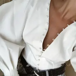 Хлопок Сплошной v-образным вырезом с длинными рукавами укороченные кнопки кардиган Для женщин рубашки пикантные Клубные универсальные
