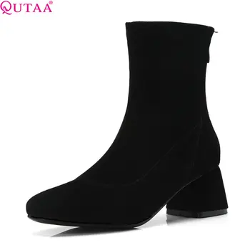 

QUTAA 2019 Women Mid Calf Boots Cow Suede Fashion Sock Boots Zipper Square High Heel Woman Motorcycle Boots Big Size 34-43