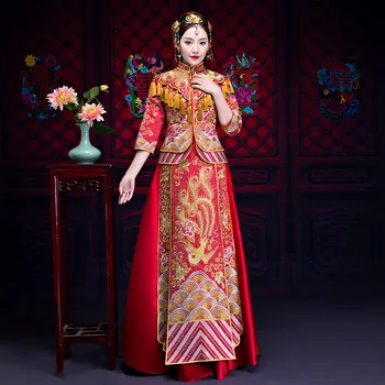 

Red Noble Women Party Gown Ancient Female Wedding Dress Chinese Traditional Cheongsan Vesditos Retro Qipao Elegant Marrige Suit