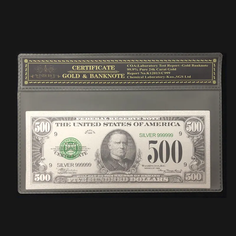 

2018 New Products For 1918's Silver America Banknote 500 dollar Banknote in 24k Silver Plated with COA Frame For Collection
