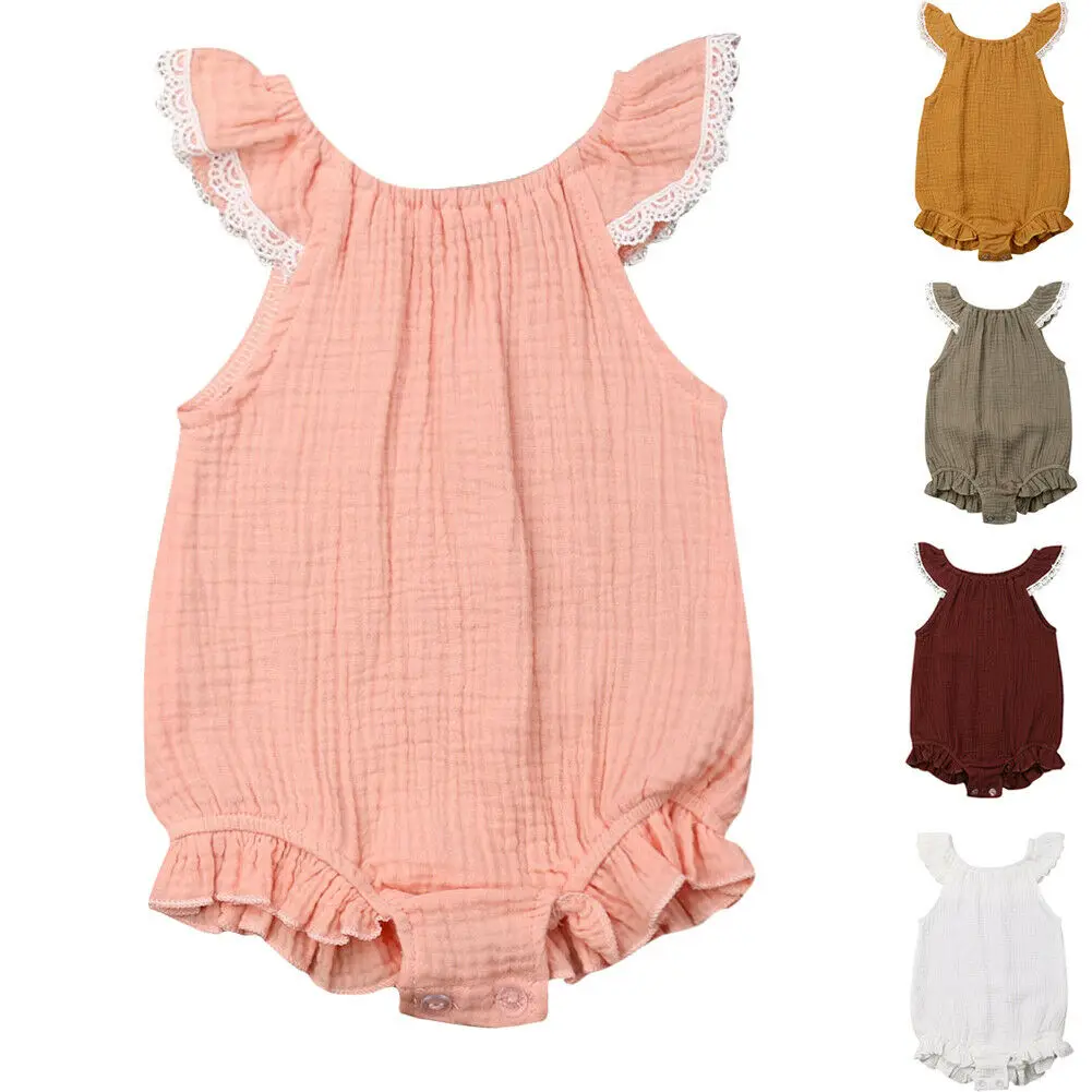 

Solid Soft Cotton Baby Girl Pleated Flying sleeve Bodysuit