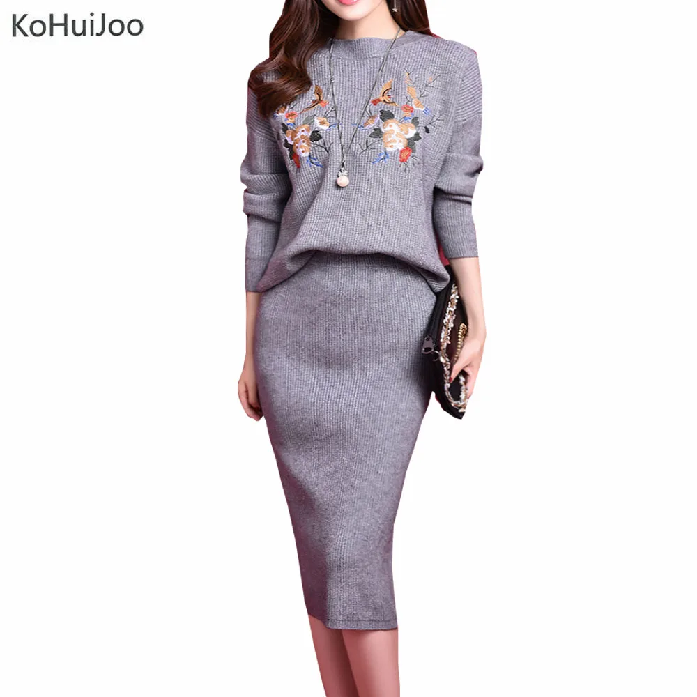 Autum Winter Floral Embroidery Wool Knit Skirts Suit Women