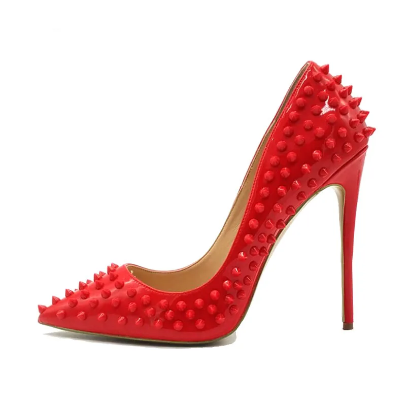 

Keshangjia red rivet leather patented high heels exclusive pin rivet low high heels pump wave 10cm 12cm