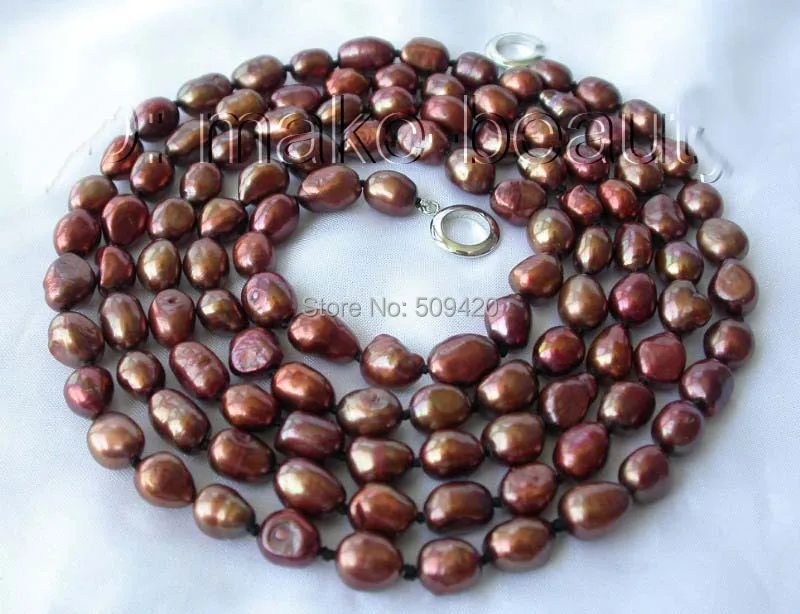 

Free Shipping >>stunning long 9-11mm baroque coffee freshwater cultured pearl necklace 50