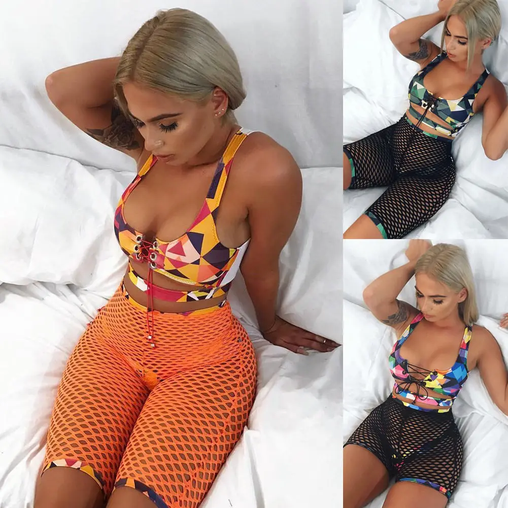 

Womens Lace-up Set Push Up Bra+Fishnet Shorts+Bottoms Lady Beach Wear 2Pcs Tanks + Mesh Shorts