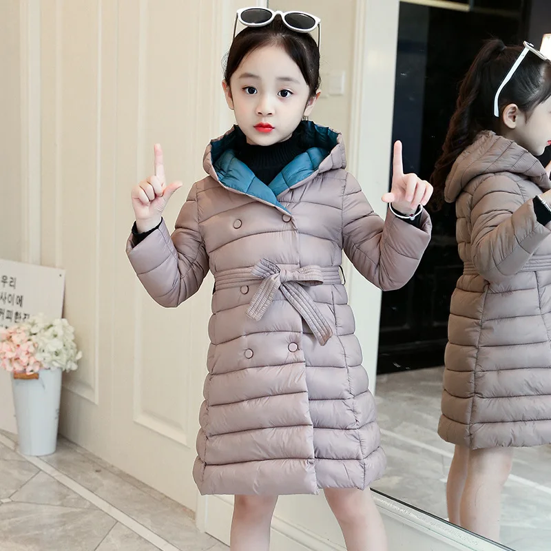 Новинка года, детская зимняя хлопковая Верхняя одежда и пальто с капюшоном, детские куртки теплое пальто с поясом для маленьких детей