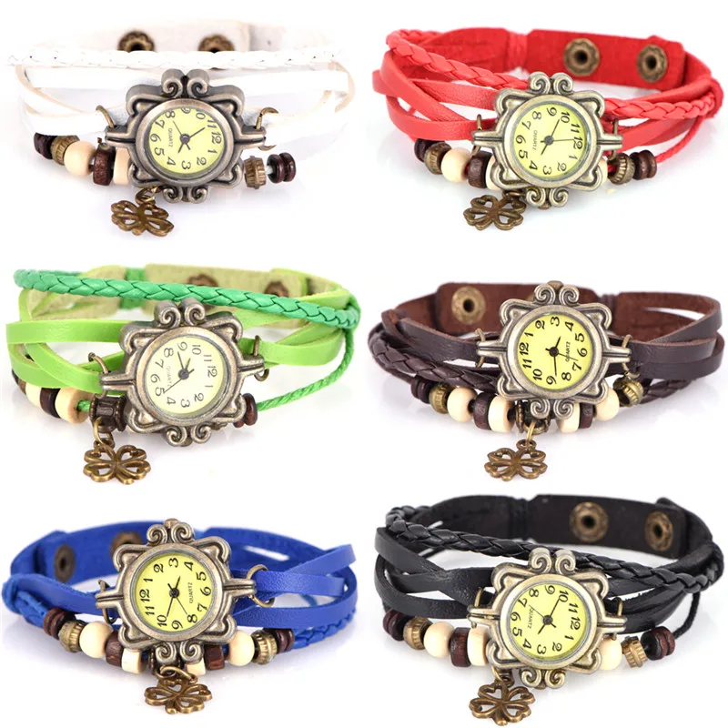 

Vintage Clover Pendant Beads Watch Bracelets For Women Summer Jewelry Ladies Accessories Gifts