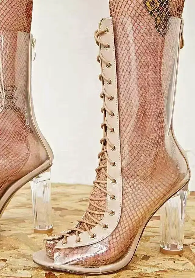 Здесь можно купить  LTTL Latest Transparent Film PVC Peep Toe Rome High Heel Boots Women Lace-up Mid-calf Boots Sexy Woman transparent boots Woman  Обувь