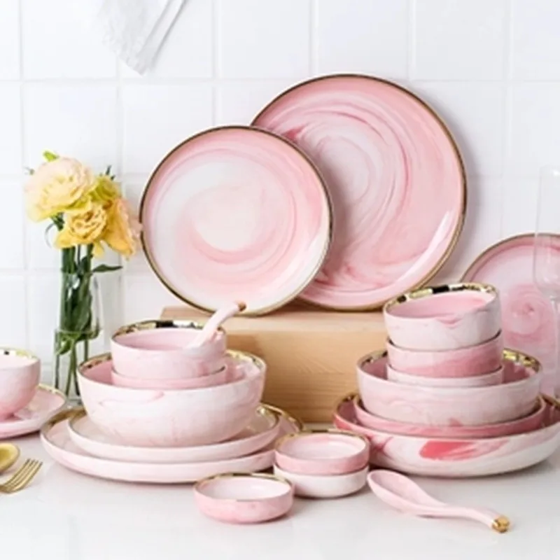 

KINGLANG Pink Phnom Penh Marble Ceramic Cutlery Set Simple Household Dishware Dish Set