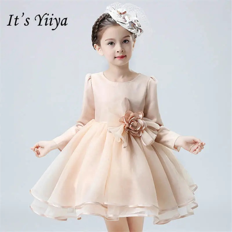 Buy It's yiiya Fashion Long Sleeve Girl Dresses Elegant O neck Tea length