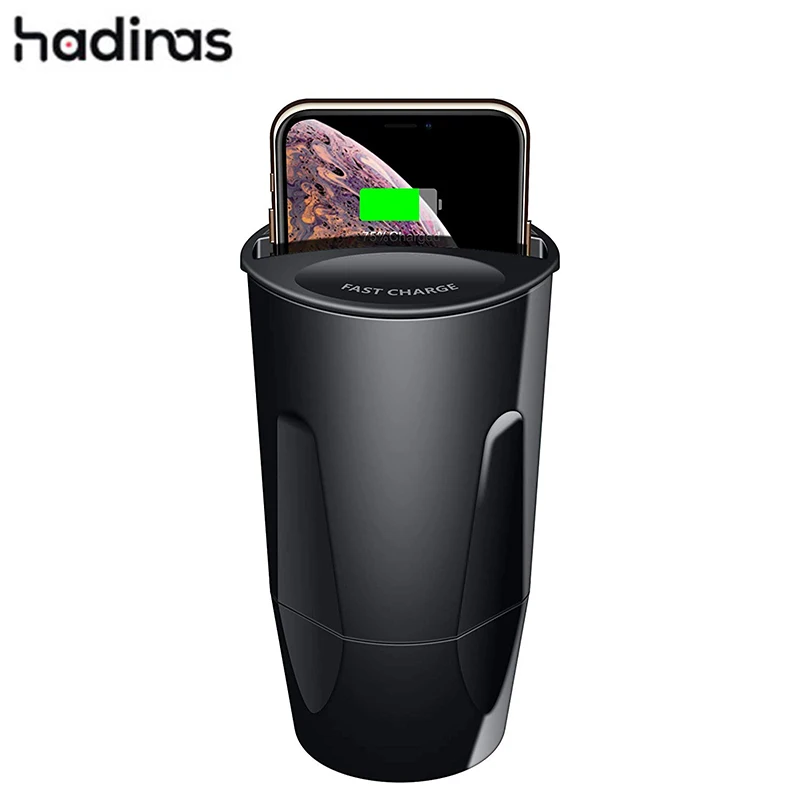 Hadinas Car Wireless Charger Cup Holder for iPhone X XS 8 10W Fast Wireless Charging USB Car Charger for Samsung S10 S9 Xiaomi