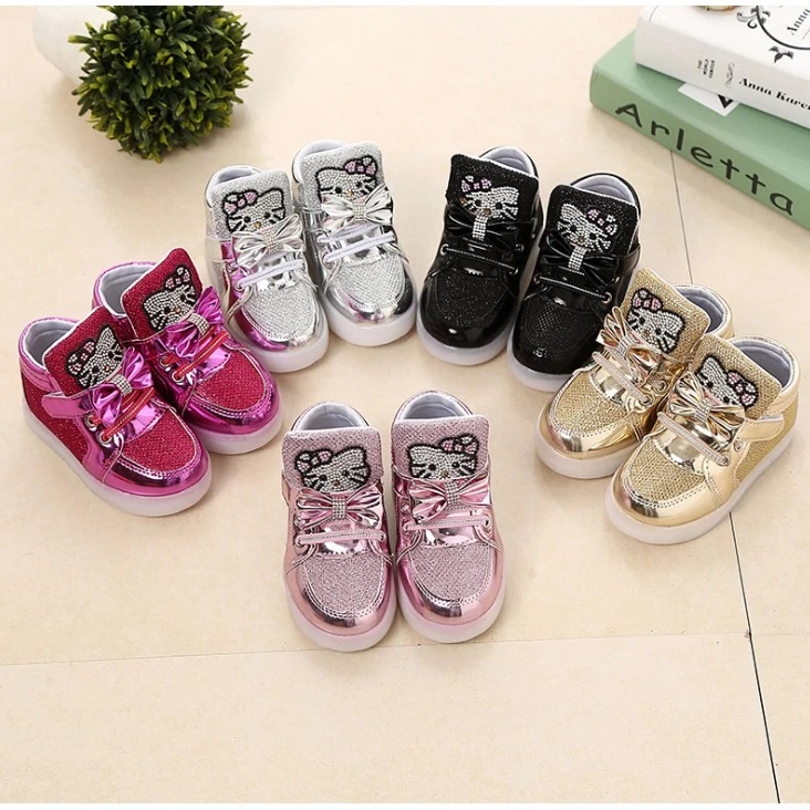 2 Ready Stock LED Shoes Light Up Toddler Girls' Casual Shoe Kids's Sneakers Hello Kitty Children Girl Leisure LED Cat Spring Shoes