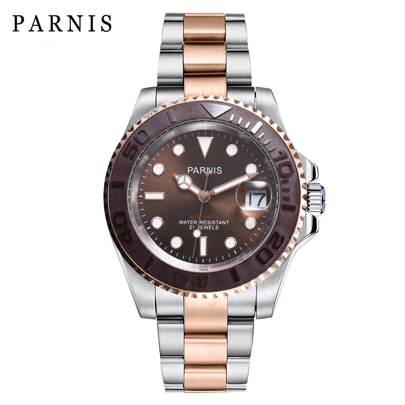 Parnis 40 мм синий с циферблатом механический мужские часы с автоматическим подзаводом керамический ободок браслет из нержавеющей стали водонепроницаемые мужские часы настенные часы - Цвет: brown bezel