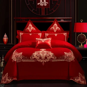

Egyptian Cotton Red Luxury King Queen size Bed sheet set Bedlinen Embroidery Bedding set Bed set Duvet cover Wedding Gifts
