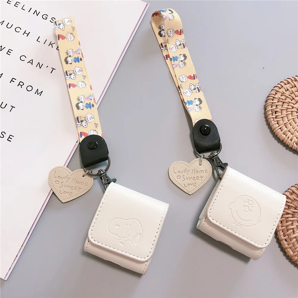

Cute Cartoon Charlie Brown puppy Pattern Earphone PU Leather Cover For AirPods Protect Cases with Lanyard for Apple Airpods 2