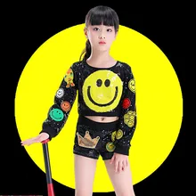 Новинка г., хип-хоп, Детские джазовые танцевальные черные шорты с длинными рукавами со смайликом костюм для уличного танца Костюм для сцены для девочек DQI339