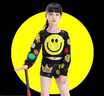 

2018 New Hip Hop Children Jazz Dance Black Smiley Long Sleeve Shorts Street Dance Costume Girl Stage Performance Costume DQI339