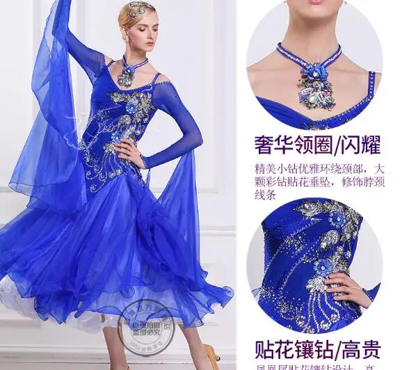 

rhinestone customize custom blue standard ballroom Waltz tango Fox trot Quick step Ballroom Modern competition Dress