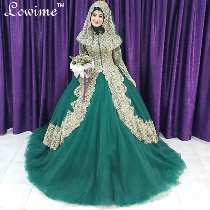 Green Muslim Wedding Dresses font b Hijab b font Long Sleeves Lace Bride Saudi Arabic Dresses