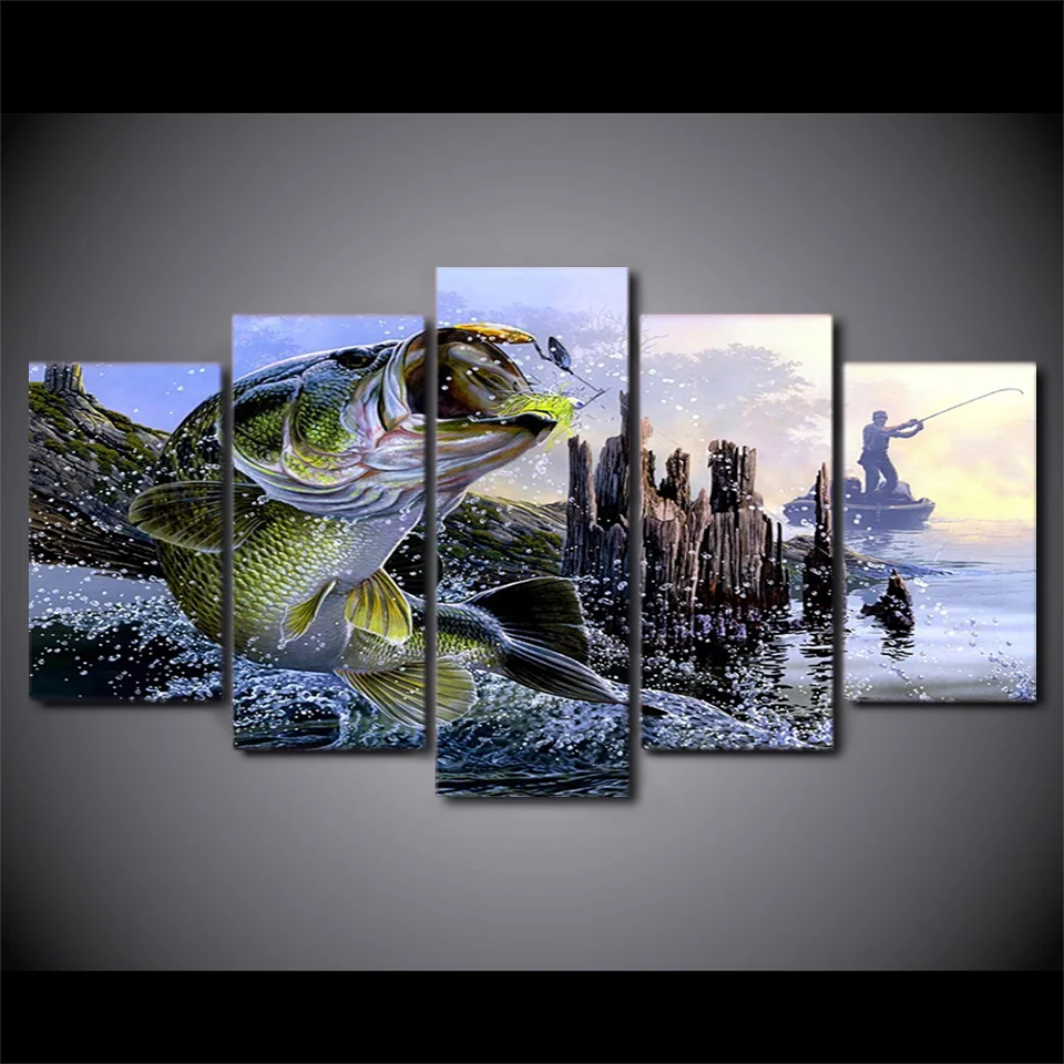 5 Pcs/Set Framed Printed Largemouth Bass Fishing Wall Picture Decor Art