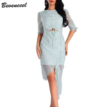 

Bevenccel 2020 New Arrival Women Summer Dress Mid Sleeve O Neck Front Lace Up Elegant Evening Party Dress Vestidos Club Dress